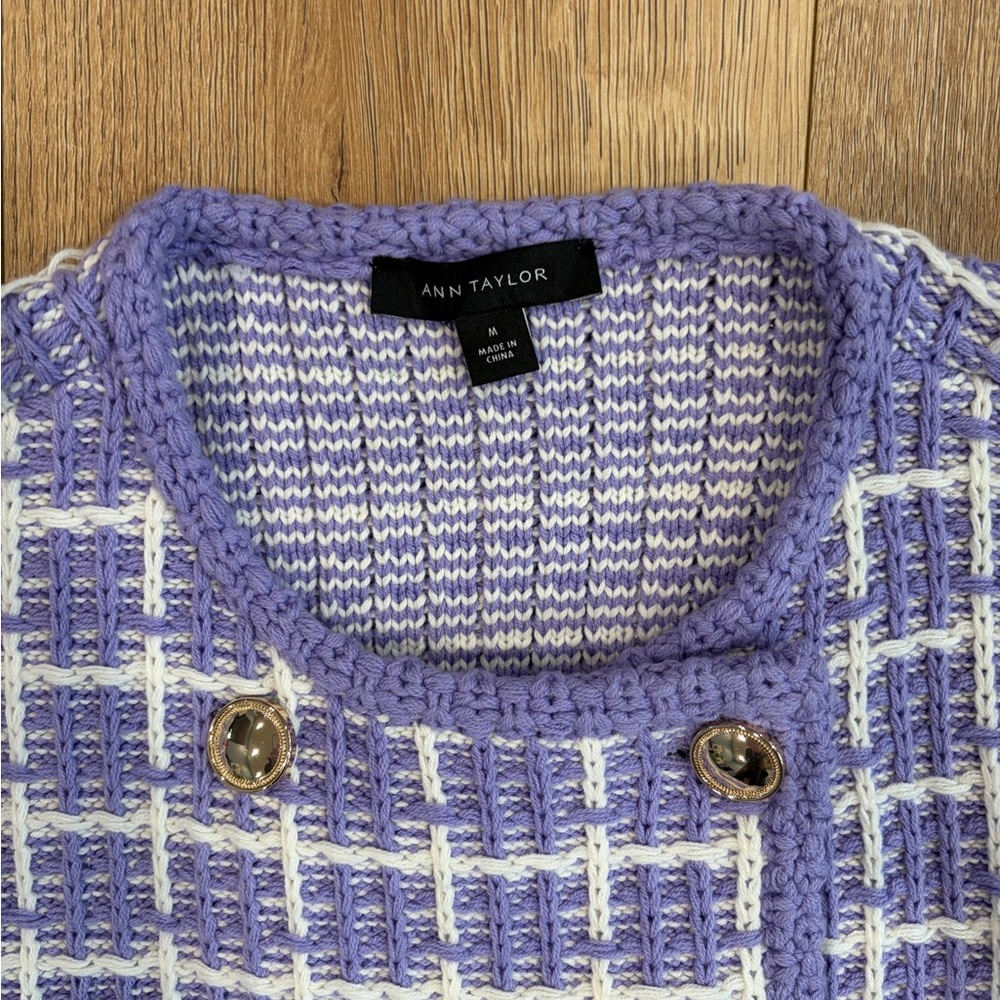 Ann Taylor Lavender Tweed Knit Cardigan Women’s Medium Cropped Button Jacket - Picture 8 of 10